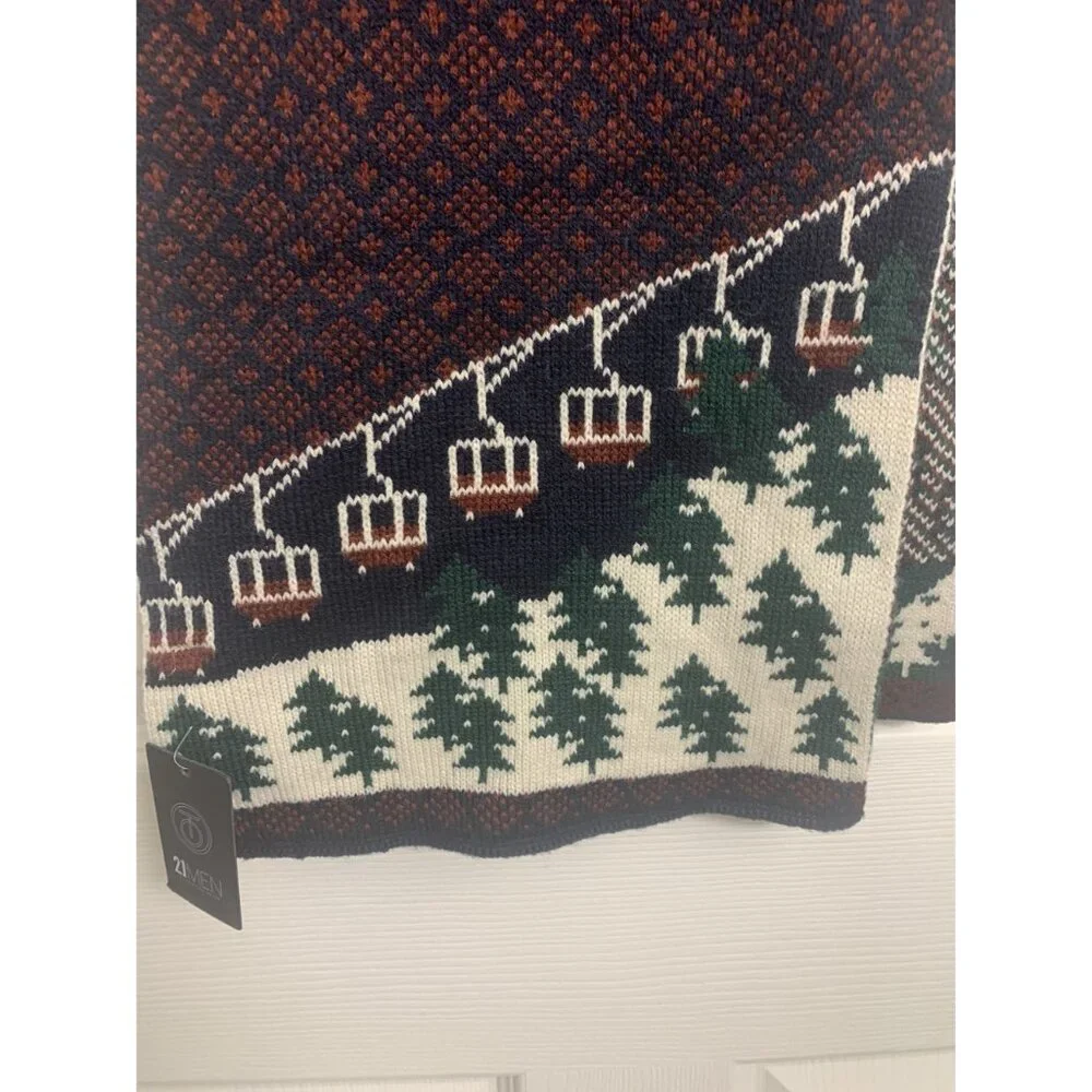 NWT 21 Men Winter Knit Ski Snowboard Scarf Os Ski Lift‎ & Tree Pattern